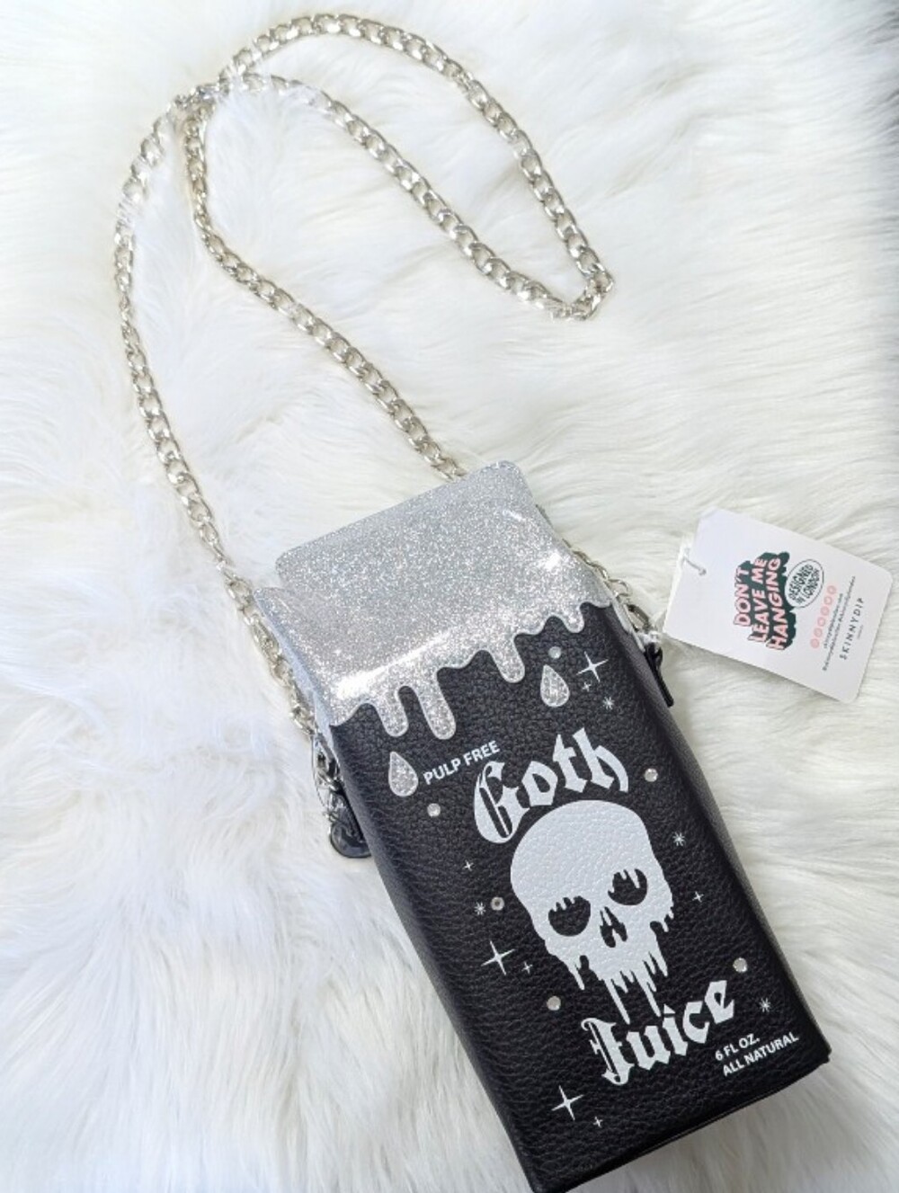 Skinny Dip PULP FREE GOTH JUICE Sculpted Halloween Juice Carton Crossbody Bag 💀